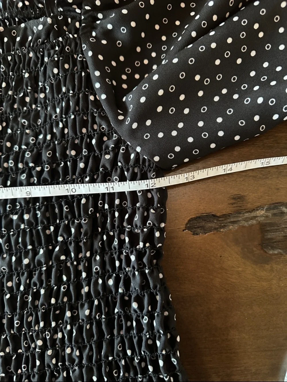 Smocked Peplum Long-Sleeve Top in Black with White Dot Print Size S